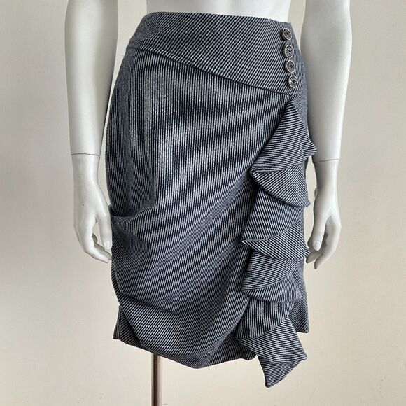 Vintage Anthro Eva Franco Tweed Skirt Gray Navy Stripe Ruffle 2 - Picture 4 of 8